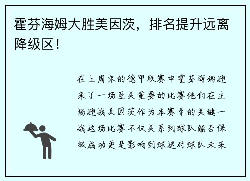 霍芬海姆大胜美因茨，排名提升远离降级区！